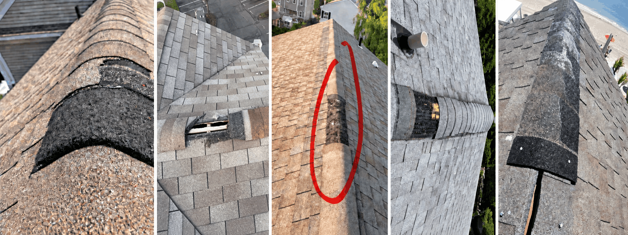 Roof ridge line with missing and damaged ridge cap shingles