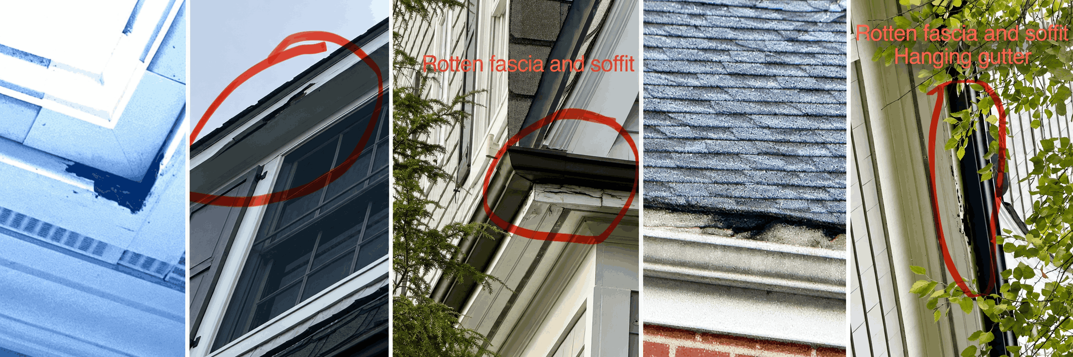 Rotted and damaged roof trim, fascia board, and soffit