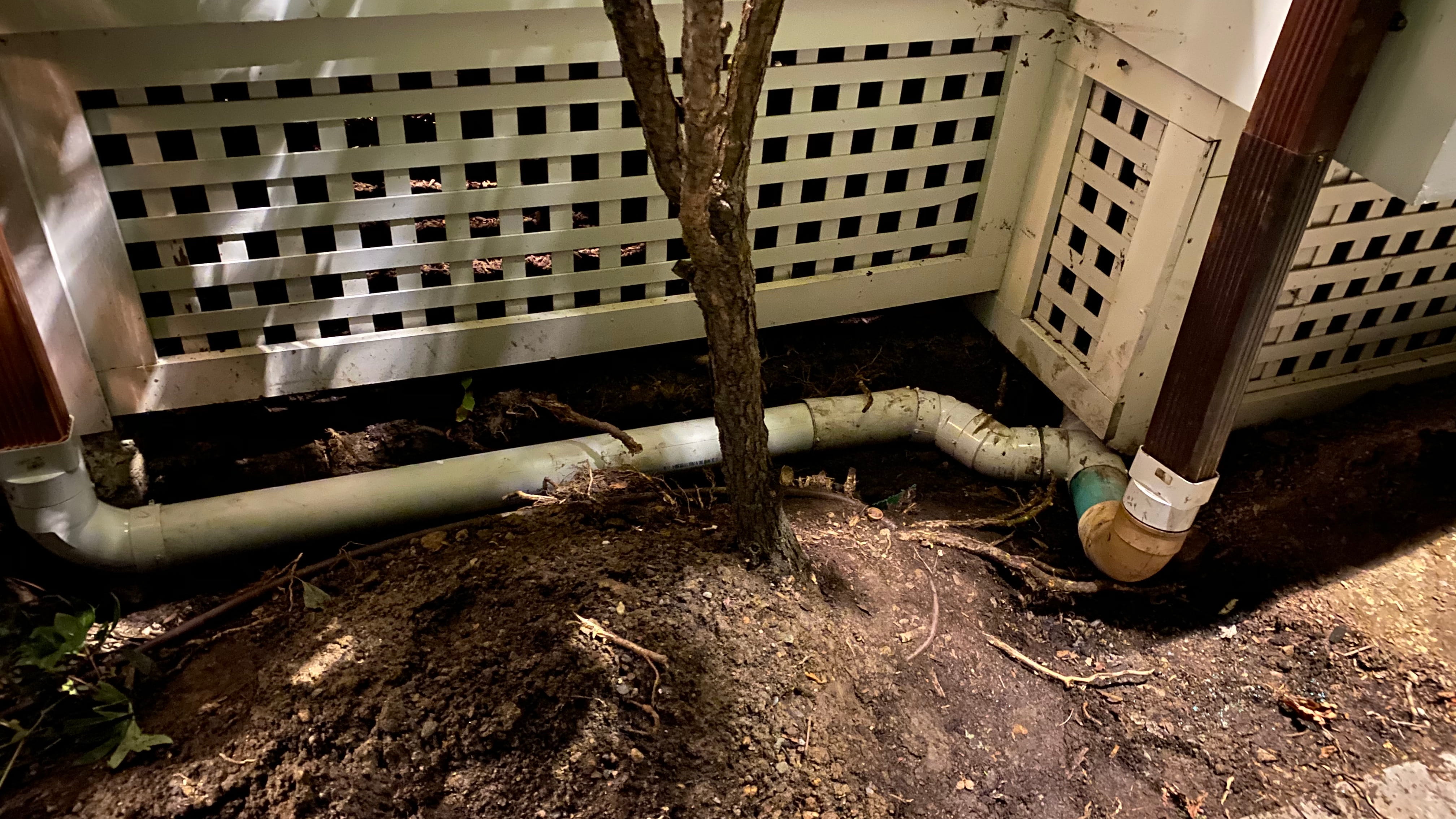 Underground downspout drainage pipe with tree root intrusion causing water backup near home foundation
