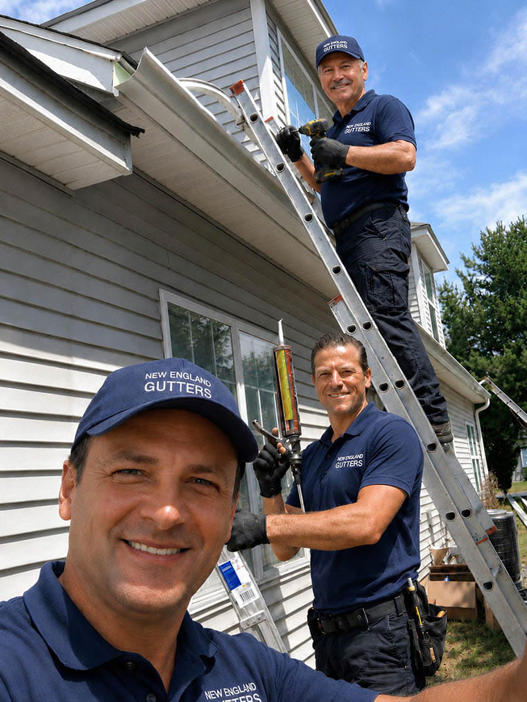 New England Gutters professional team - three workers in branded navy uniforms installing gutters on a residential home in Connecticut